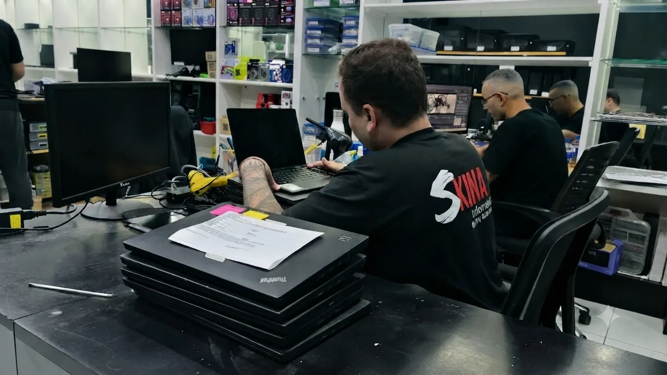 Técnico da Skina fazendo manutenção em um PC